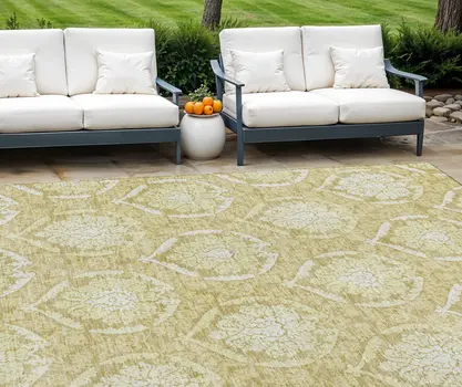 10' X 14' Gold Wheat And Ivory Medallion Washable Indoor Outdoor Area Rug