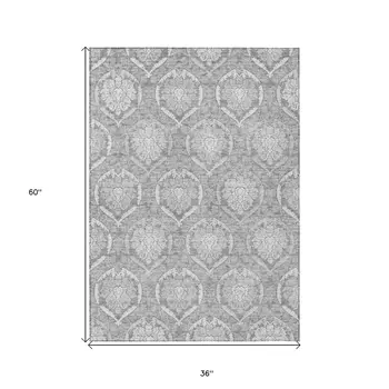 3' X 5' Gray And Silver Medallion Washable Indoor Outdoor Area Rug