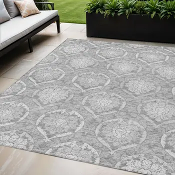 5' X 8' Gray And Silver Medallion Washable Indoor Outdoor Area Rug