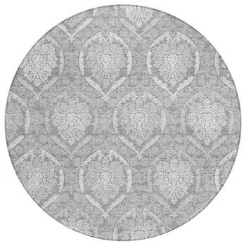 8' Gray And Silver Round Medallion Washable Indoor Outdoor Area Rug