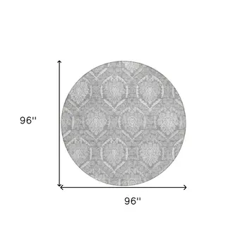 8' Gray And Silver Round Medallion Washable Indoor Outdoor Area Rug