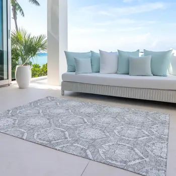 10' X 14' Gray And Silver Medallion Washable Indoor Outdoor Area Rug