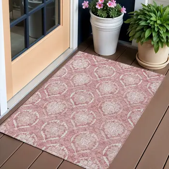 3' X 5' Pink Blush And Ivory Medallion Washable Indoor Outdoor Area Rug