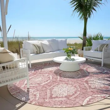 8' Pink Blush And Ivory Round Medallion Washable Indoor Outdoor Area Rug