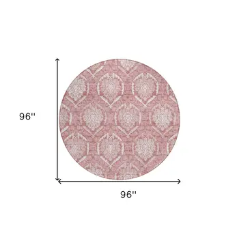 8' Pink Blush And Ivory Round Medallion Washable Indoor Outdoor Area Rug