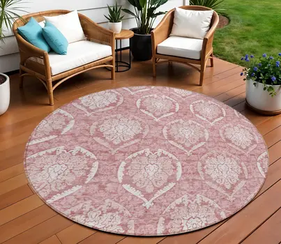 8' Pink Blush And Ivory Round Medallion Washable Indoor Outdoor Area Rug