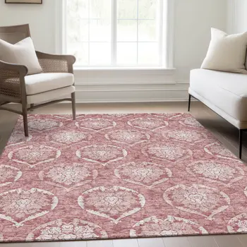 9' X 12' Pink Blush And Ivory Medallion Washable Indoor Outdoor Area Rug