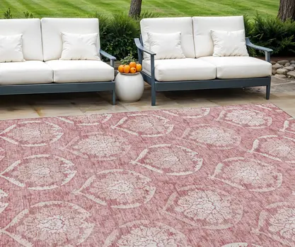 10' X 14' Pink Blush And Ivory Medallion Washable Indoor Outdoor Area Rug