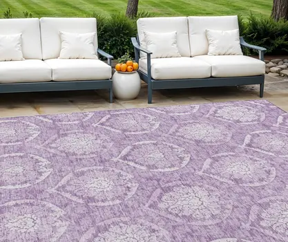 8' X 10' Plum Purple And Ivory Medallion Washable Indoor Outdoor Area Rug