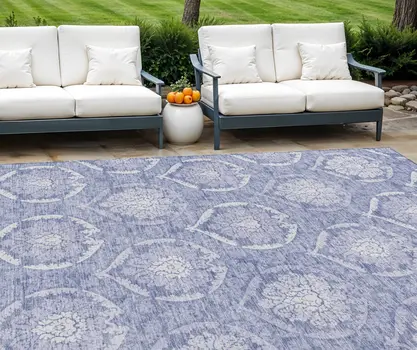 10' X 14' Sky Blue And Denim Blue Medallion Washable Indoor Outdoor Area Rug