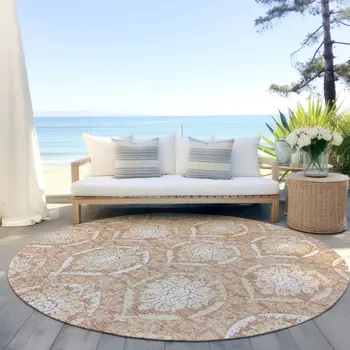 8' Salmon Copper And Ivory Round Medallion Washable Indoor Outdoor Area Rug