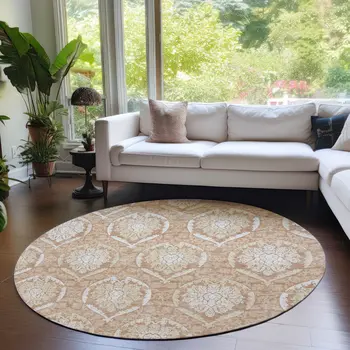 8' Salmon Copper And Ivory Round Medallion Washable Indoor Outdoor Area Rug