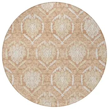 8' Salmon Copper And Ivory Round Medallion Washable Indoor Outdoor Area Rug