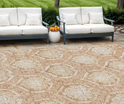 9' X 12' Salmon Copper And Ivory Medallion Washable Indoor Outdoor Area Rug
