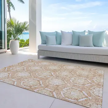 10' X 14' Salmon Copper And Ivory Medallion Washable Indoor Outdoor Area Rug