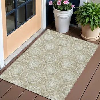 3' X 5' Tan And Beige Medallion Washable Indoor Outdoor Area Rug