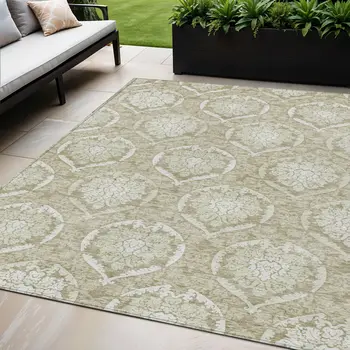 5' X 8' Tan And Beige Medallion Washable Indoor Outdoor Area Rug