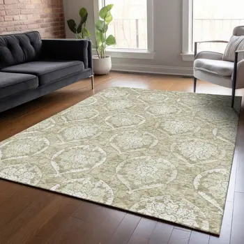 8' X 10' Tan And Beige Medallion Washable Indoor Outdoor Area Rug