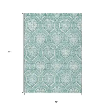 3' X 5' Turquoise Teal Blue And Ivory Medallion Washable Indoor Outdoor Area Rug