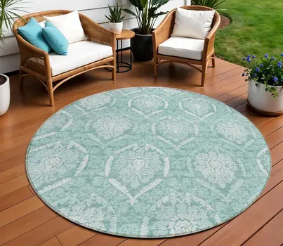 8' Turquoise Teal Blue And Ivory Round Medallion Washable Indoor Outdoor Area Rug