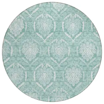 8' Turquoise Teal Blue And Ivory Round Medallion Washable Indoor Outdoor Area Rug