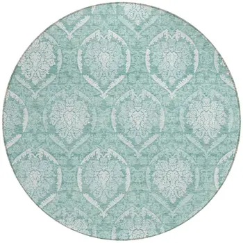 8' Turquoise Teal Blue And Ivory Round Medallion Washable Indoor Outdoor Area Rug