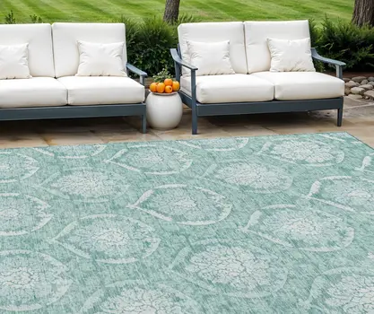8' X 10' Turquoise Teal Blue And Ivory Medallion Washable Indoor Outdoor Area Rug