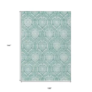 9' X 12' Turquoise Teal Blue And Ivory Medallion Washable Indoor Outdoor Area Rug