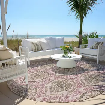 8' Chocolate Beige And Mauve Round Medallion Washable Indoor Outdoor Area Rug