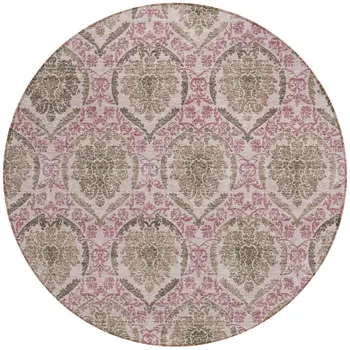 8' Chocolate Beige And Mauve Round Medallion Washable Indoor Outdoor Area Rug
