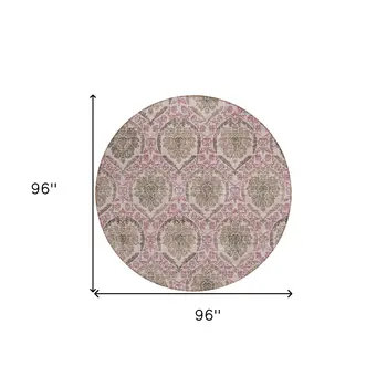 8' Chocolate Beige And Mauve Round Medallion Washable Indoor Outdoor Area Rug