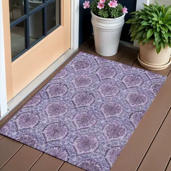 3' X 5' Eggplant Purple And Silver Medallion Washable Indoor Outdoor Area Rug