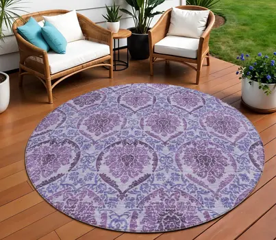 8' Eggplant Purple And Silver Round Medallion Washable Indoor Outdoor Area Rug