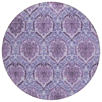 8' Eggplant Purple And Silver Round Medallion Washable Indoor Outdoor Area Rug
