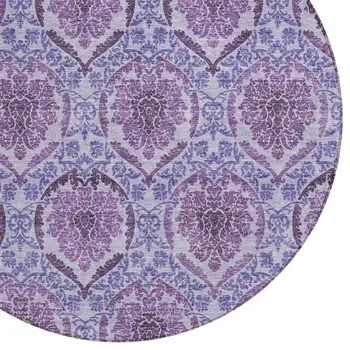 8' Eggplant Purple And Silver Round Medallion Washable Indoor Outdoor Area Rug
