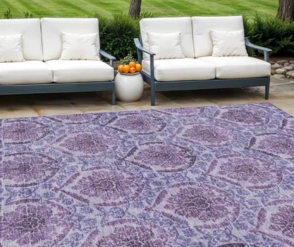 9' X 12' Eggplant Purple And Silver Medallion Washable Indoor Outdoor Area Rug