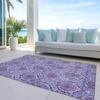 10' X 14' Eggplant Purple And Silver Medallion Washable Indoor Outdoor Area Rug