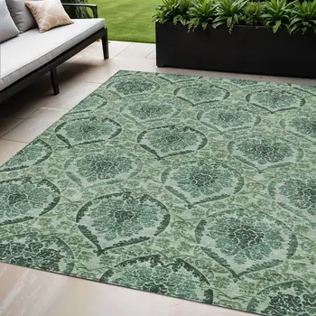 5' X 8' Fern Green And Emerald Medallion Washable Indoor Outdoor Area Rug