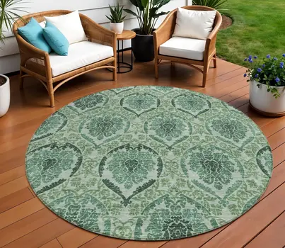 8' Fern Green And Emerald Round Medallion Washable Indoor Outdoor Area Rug