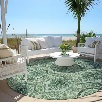 8' Fern Green And Emerald Round Medallion Washable Indoor Outdoor Area Rug