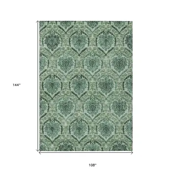 9' X 12' Fern Green And Emerald Medallion Washable Indoor Outdoor Area Rug