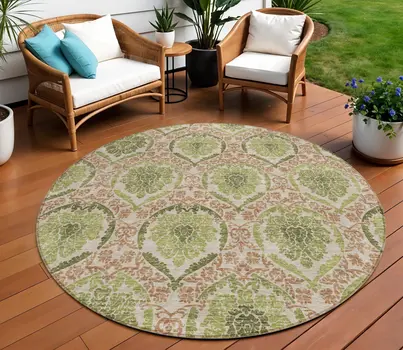 8' Olive Green And Fern Green Round Medallion Washable Indoor Outdoor Area Rug