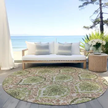 8' Olive Green And Fern Green Round Medallion Washable Indoor Outdoor Area Rug
