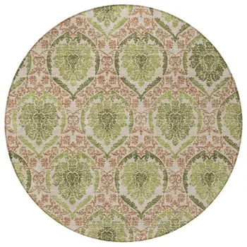 8' Olive Green And Fern Green Round Medallion Washable Indoor Outdoor Area Rug
