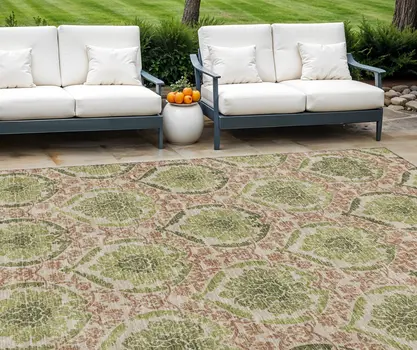8' X 10' Olive Green And Fern Green Medallion Washable Indoor Outdoor Area Rug