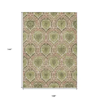 9' X 12' Olive Green And Fern Green Medallion Washable Indoor Outdoor Area Rug