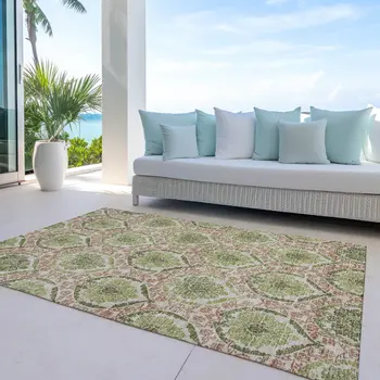 9' X 12' Olive Green And Fern Green Medallion Washable Indoor Outdoor Area Rug
