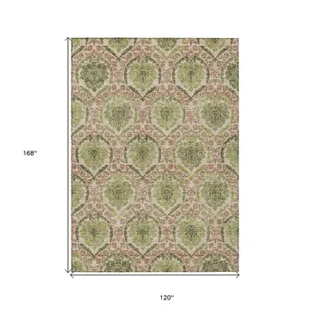 10' X 14' Olive Green And Fern Green Medallion Washable Indoor Outdoor Area Rug