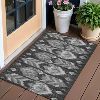 3' X 5' Black Charcoal And Silver Southwestern Washable Indoor Outdoor Area Rug