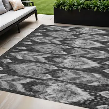 5' X 8' Black Charcoal And Silver Southwestern Washable Indoor Outdoor Area Rug